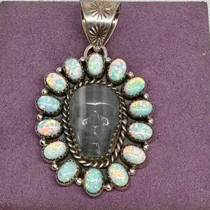 Vintage Sterling Silver Carved Quartz and Fire Opal Skull Pendant